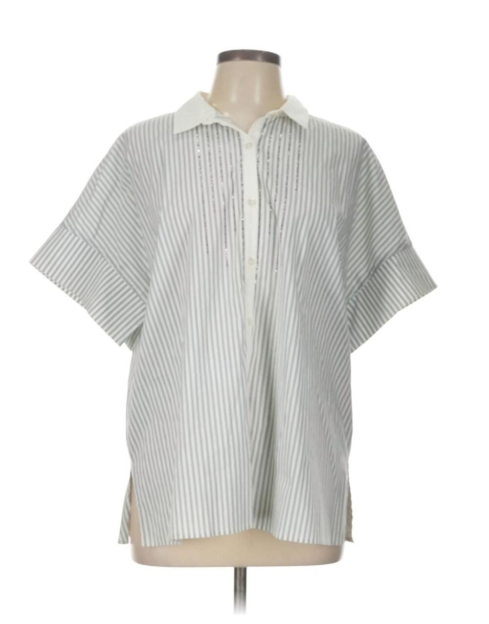 St. John Striped Beaded Blouse Large L Green White Cotton Stretch Button Shirt
